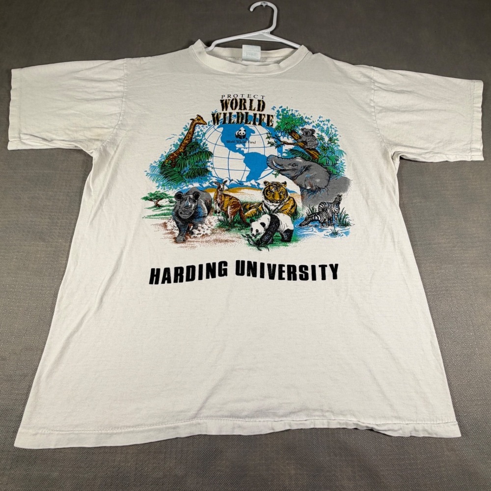 Vintage Jostens Harding University Protect World Wildlife T-Shirt White Large